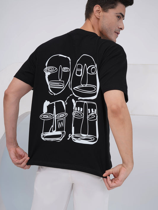 Black Abstract Faces Graphic Oversized T-Shirt-KMOT003