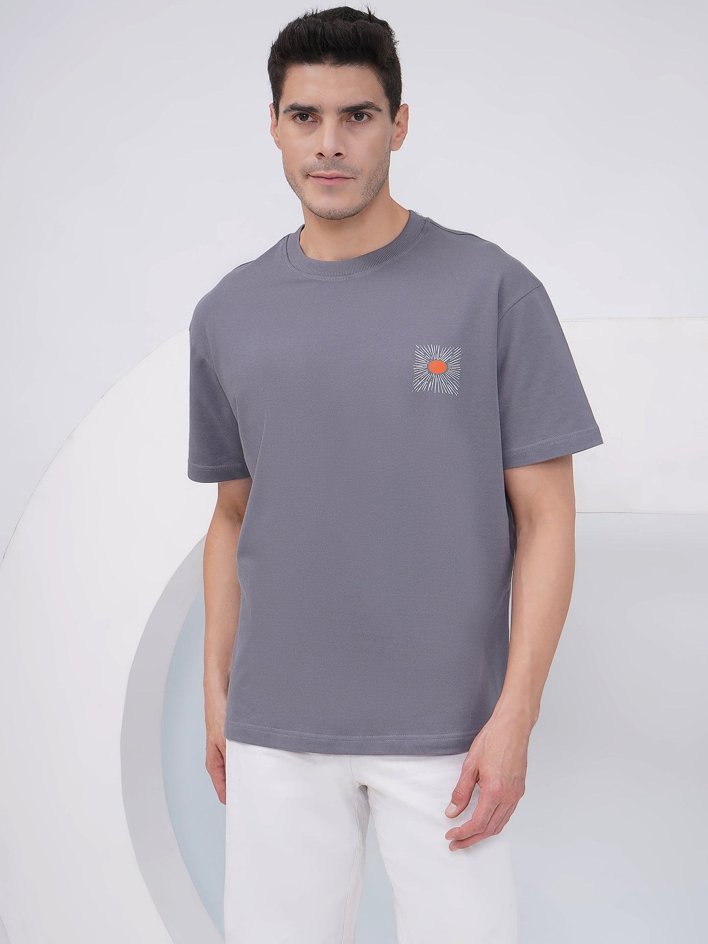 Grey Oversized Sunburst Graphic T-Shirt - KMOT001