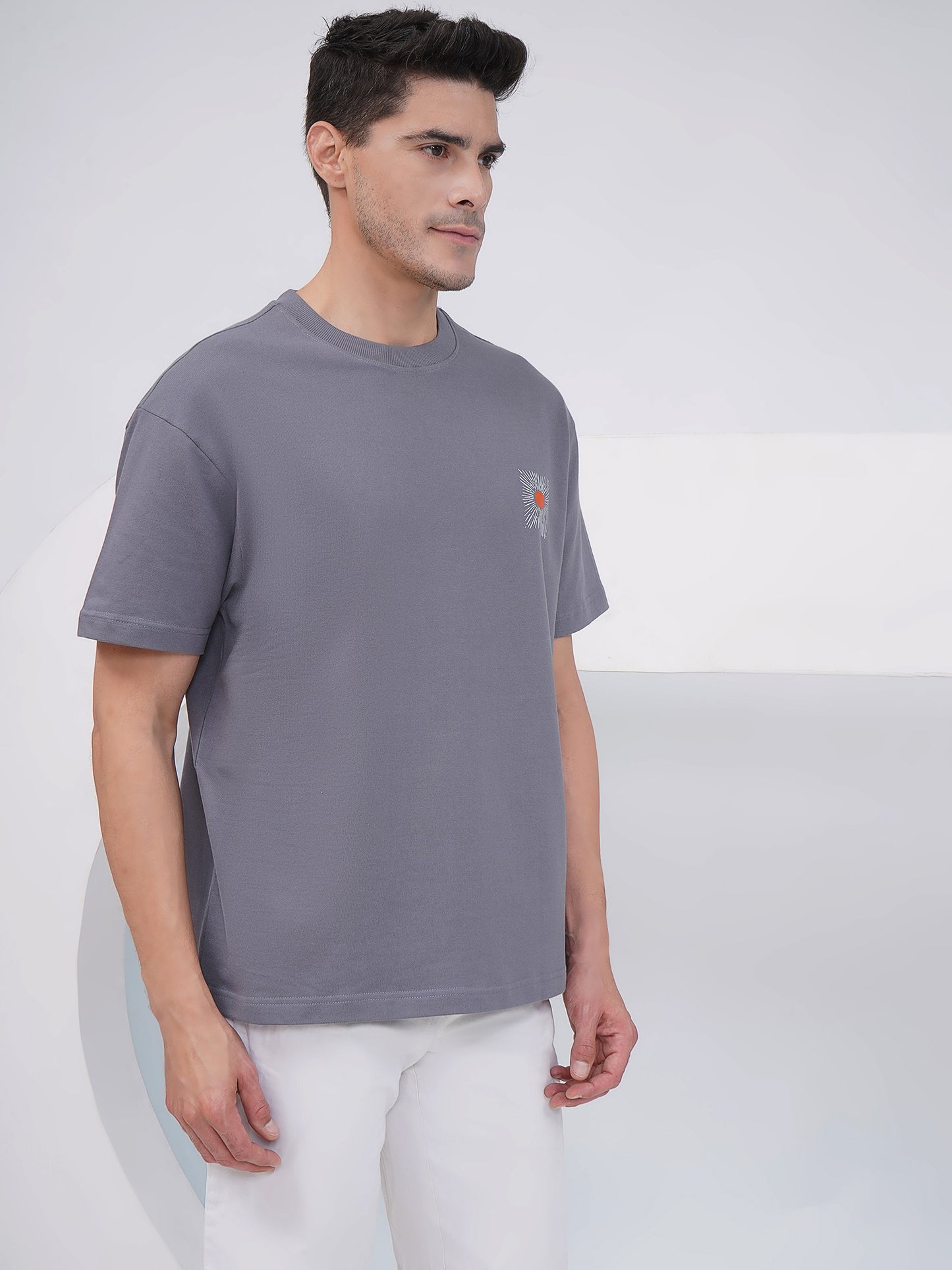 Grey Oversized Sunburst Graphic T-Shirt - KMOT001