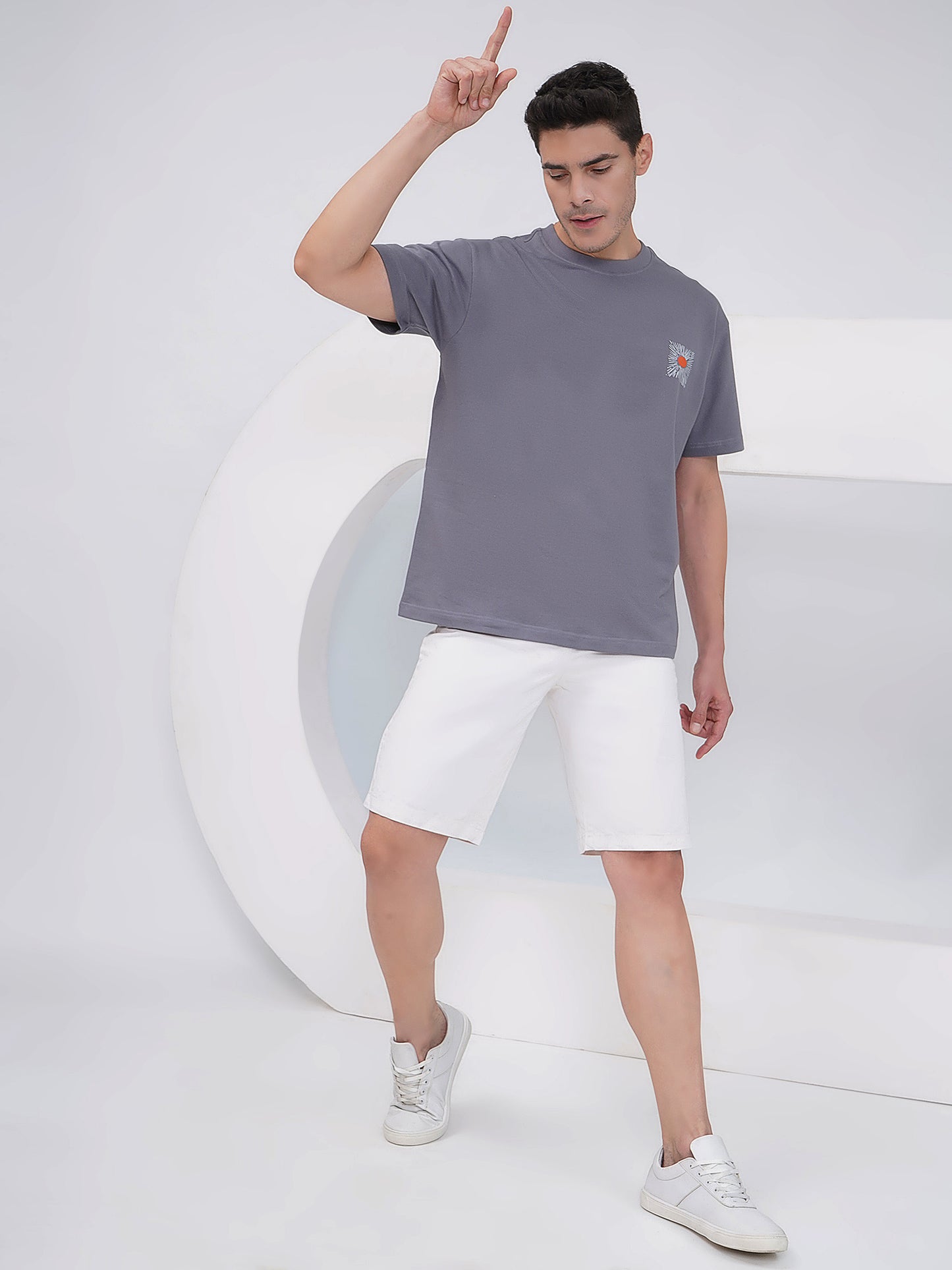 Grey Oversized Sunburst Graphic T-Shirt - KMOT001