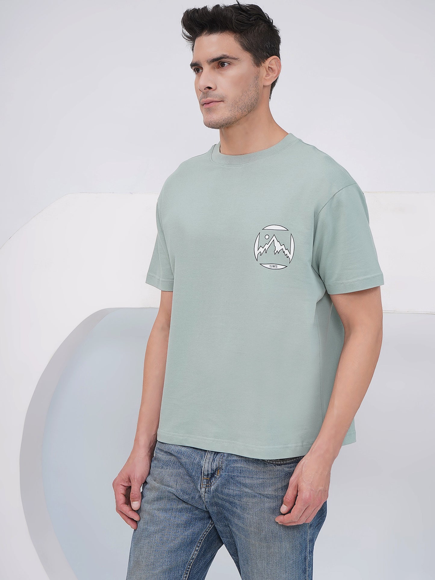 Sage Green Men’s Oversized Mountain Graphic T-Shirt- KMOT007