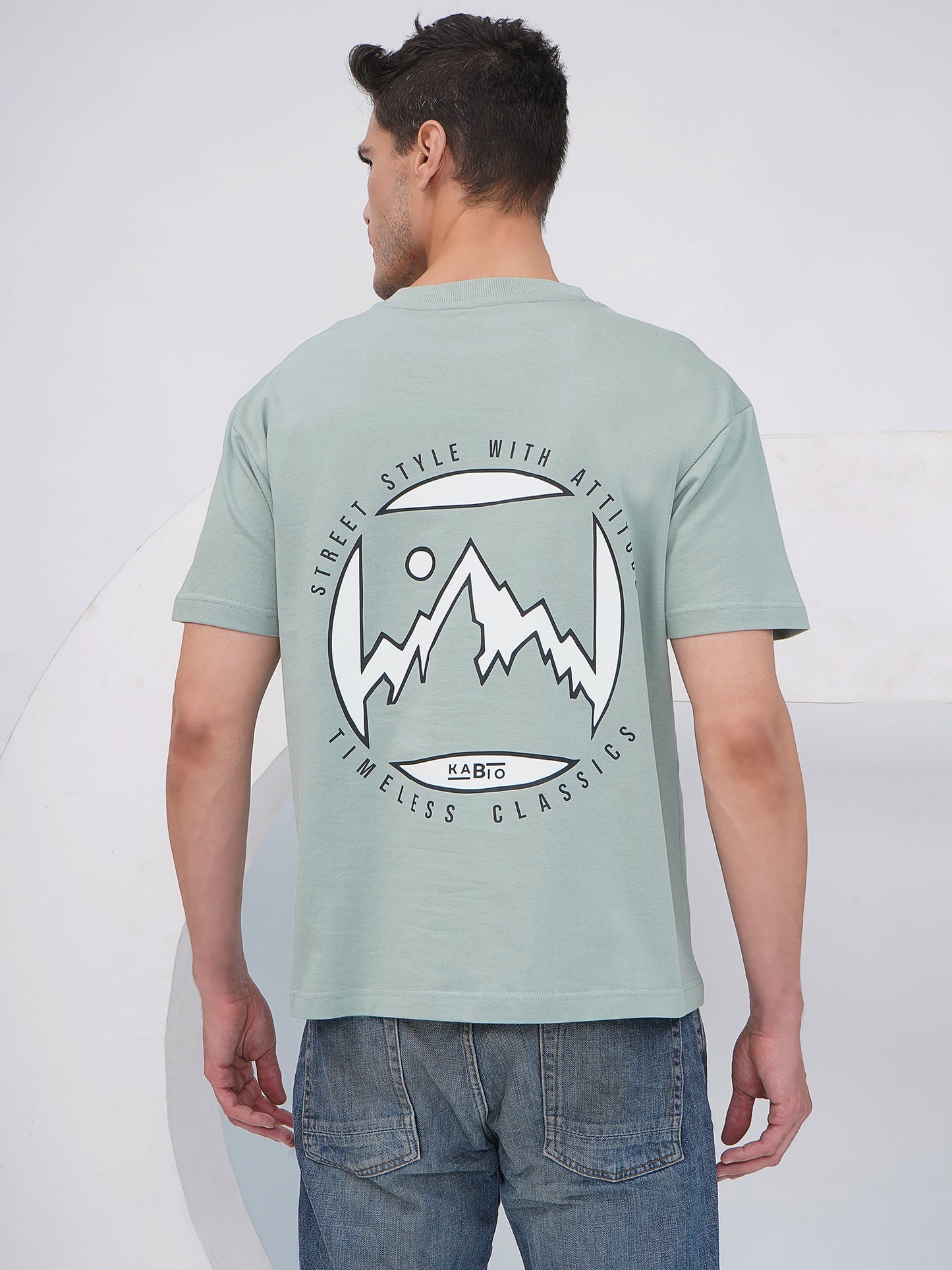 Sage Green Men’s Oversized Mountain Graphic T-Shirt- KMOT007