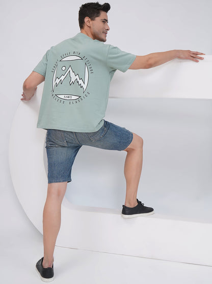 Sage Green Men’s Oversized Mountain Graphic T-Shirt- KMOT007