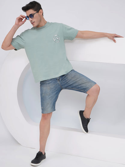 Sage Green Men’s Oversized Mountain Graphic T-Shirt- KMOT007