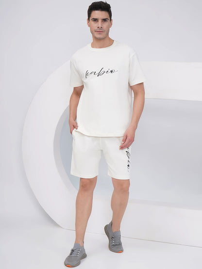 Men’s Off White Cotton Co-Ord Set with Script Print-KMCS001