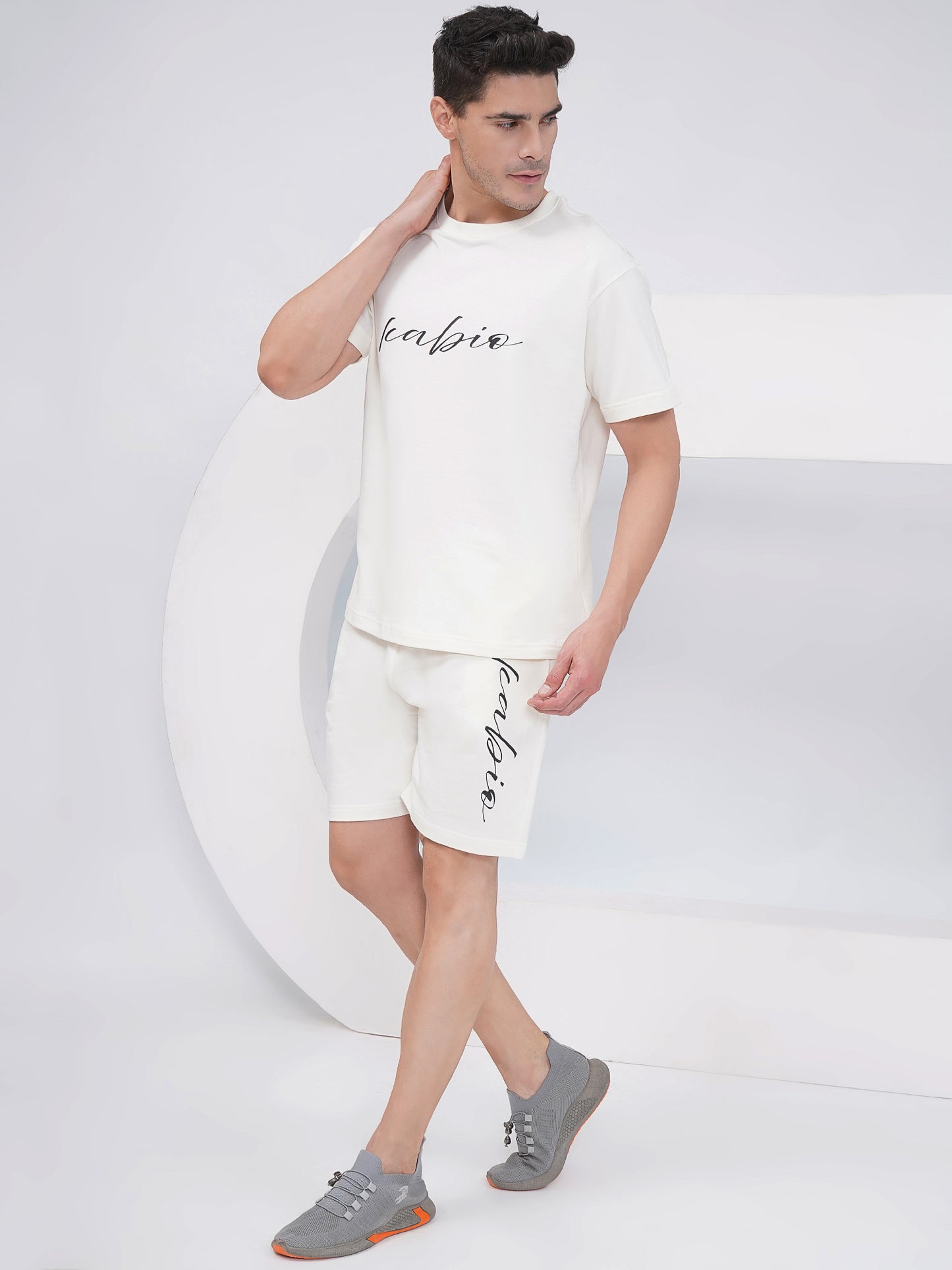 Men’s Off White Cotton Co-Ord Set with Script Print-KMCS001