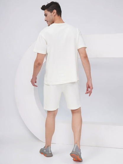Men’s Off White Cotton Co-Ord Set with Script Print-KMCS001