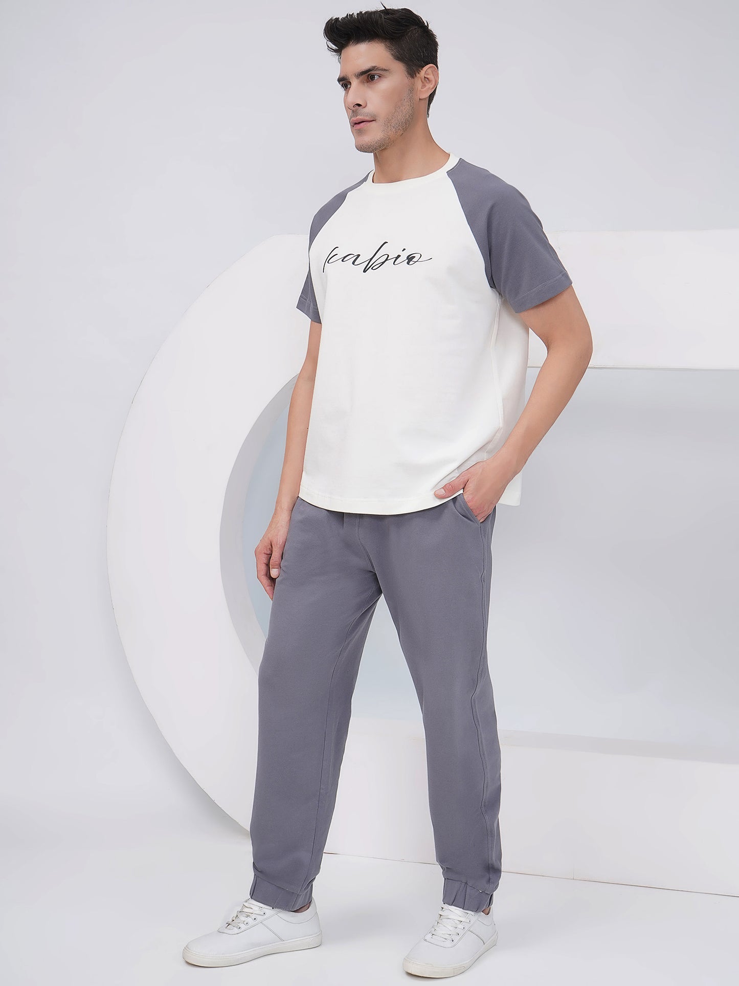 Men’s Off-White & Grey Colorblock Co-ord Set – KMCS005