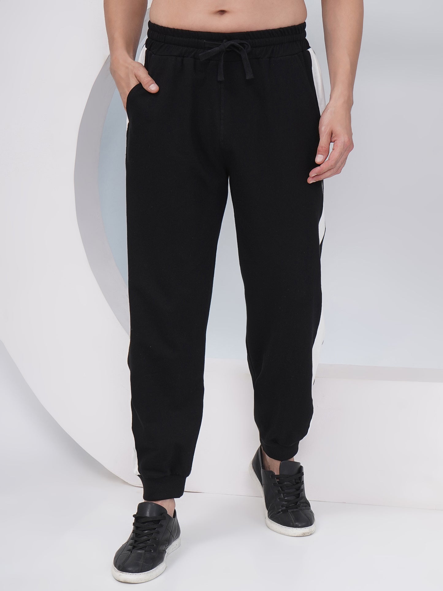 Men’s Black Cotton Joggers with Side Stripe-KML003