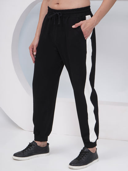 Men’s Black Cotton Joggers with Side Stripe-KML003