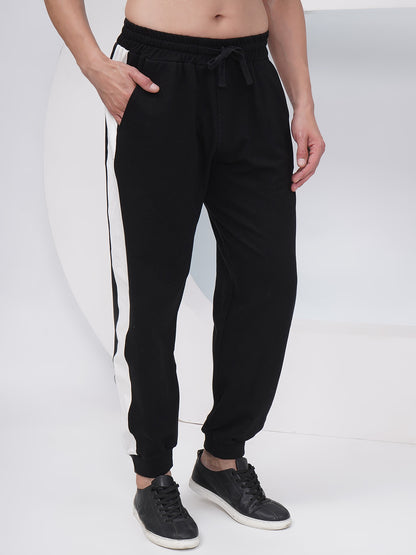 Men’s Black Cotton Joggers with Side Stripe-KML003