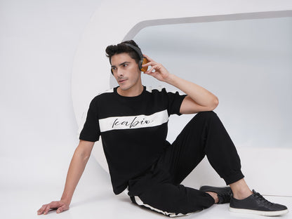 Men’s Black Cotton Joggers with Side Stripe-KML003