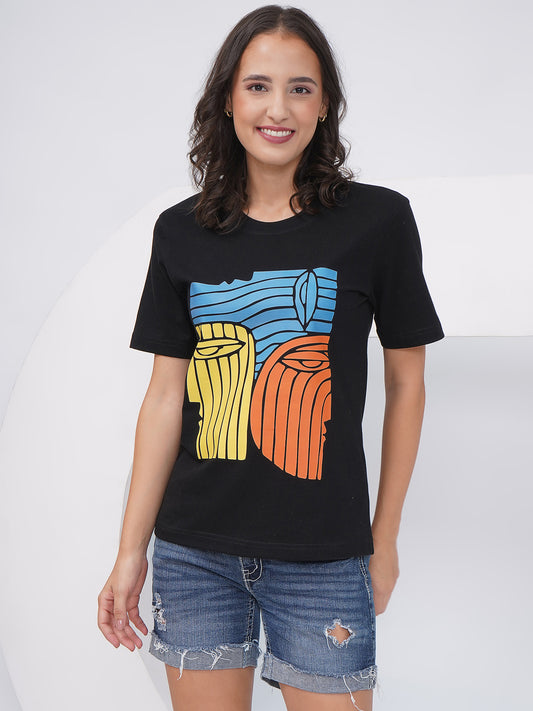 Women's Black Regular Fit Graphic T-Shirt – KWRT007