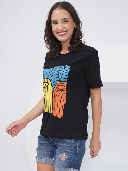Women's Black Regular Fit Graphic T-Shirt – KWRT007