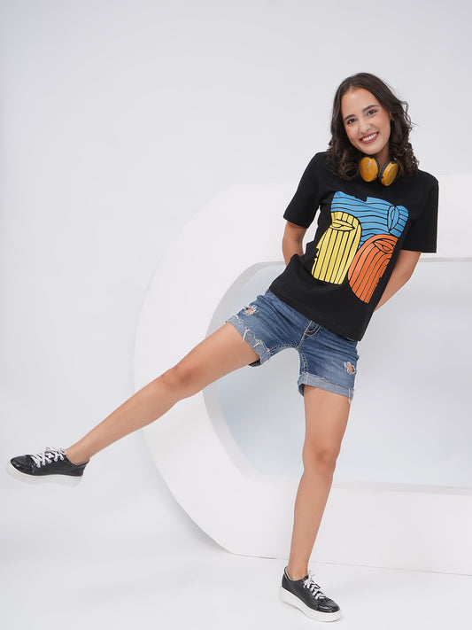 Women's Black Regular Fit Graphic T-Shirt – KWRT007