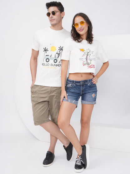 Hello Summer Off-White Cotton Couple Tees-KD002