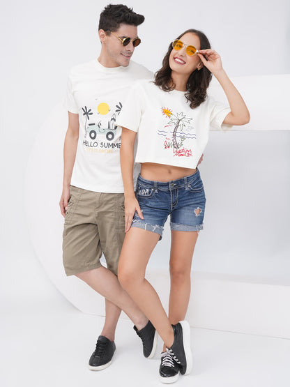 Hello Summer Off-White Cotton Couple Tees-KD002