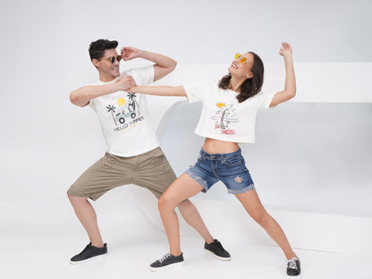 Hello Summer Off-White Cotton Couple Tees-KD002