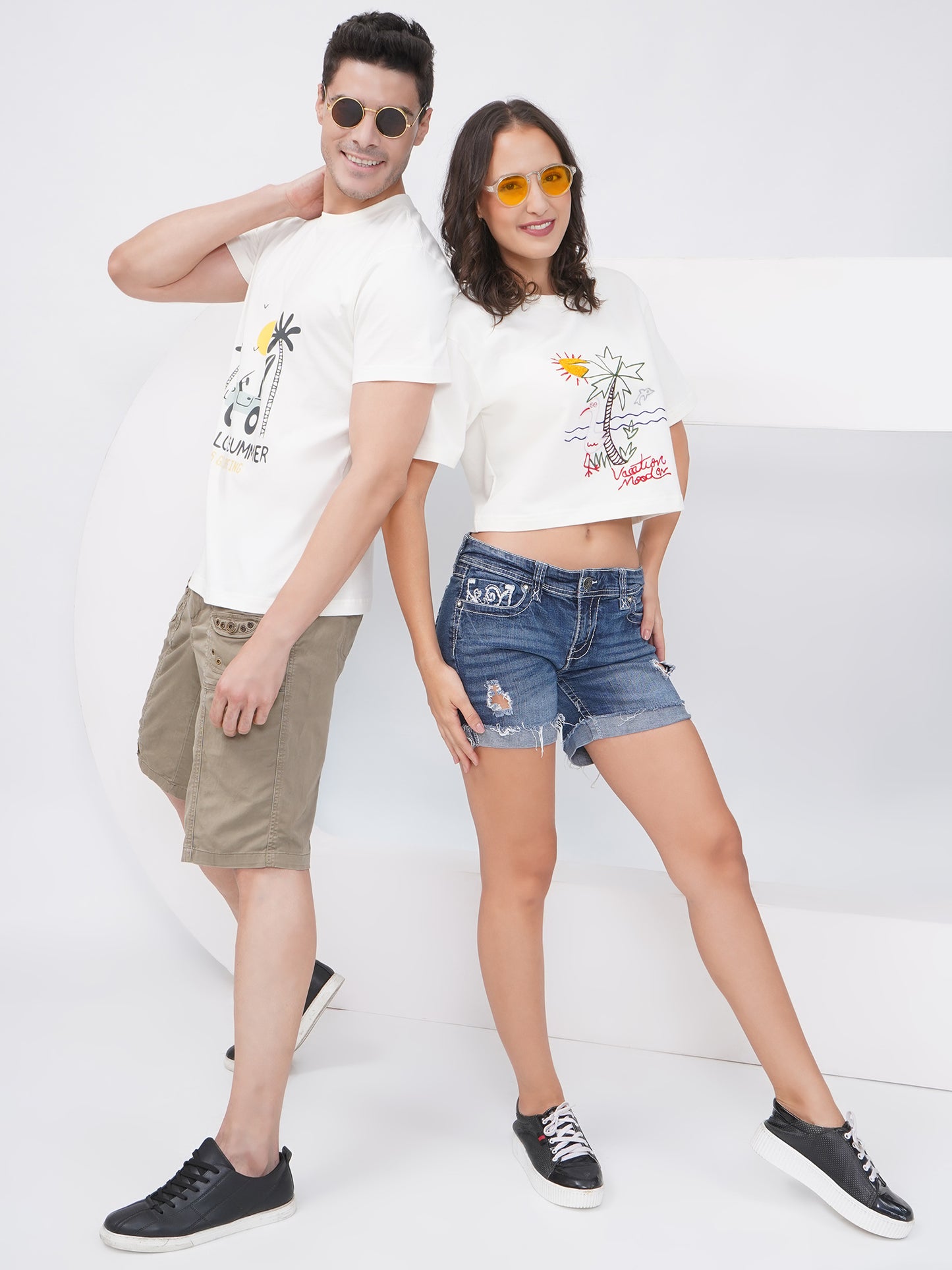 Hello Summer Off-White Cotton Couple Tees-KD002