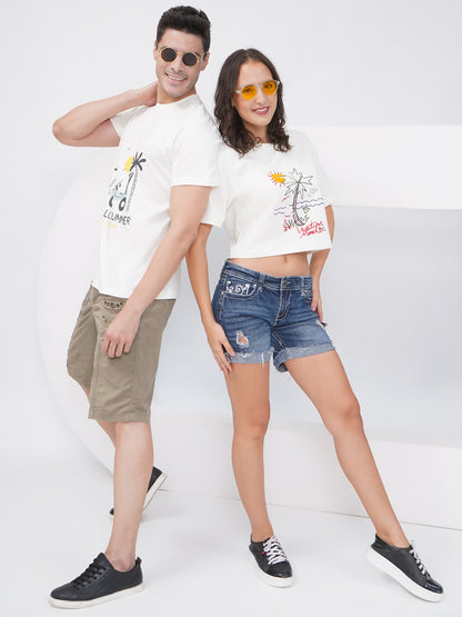 Hello Summer Off-White Cotton Couple Tees-KD002