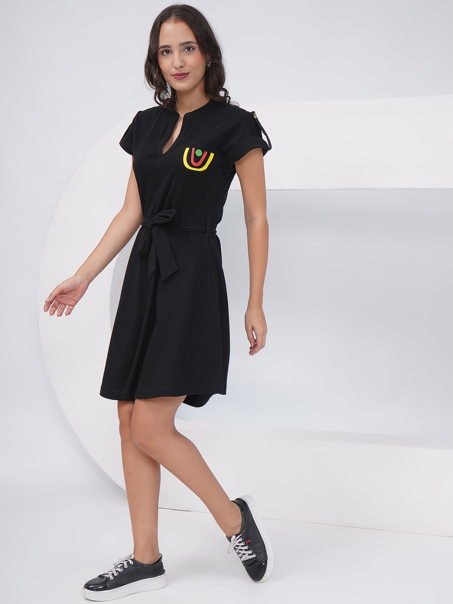 Black Belted Short Sleeve A-Line Dress – KWD002