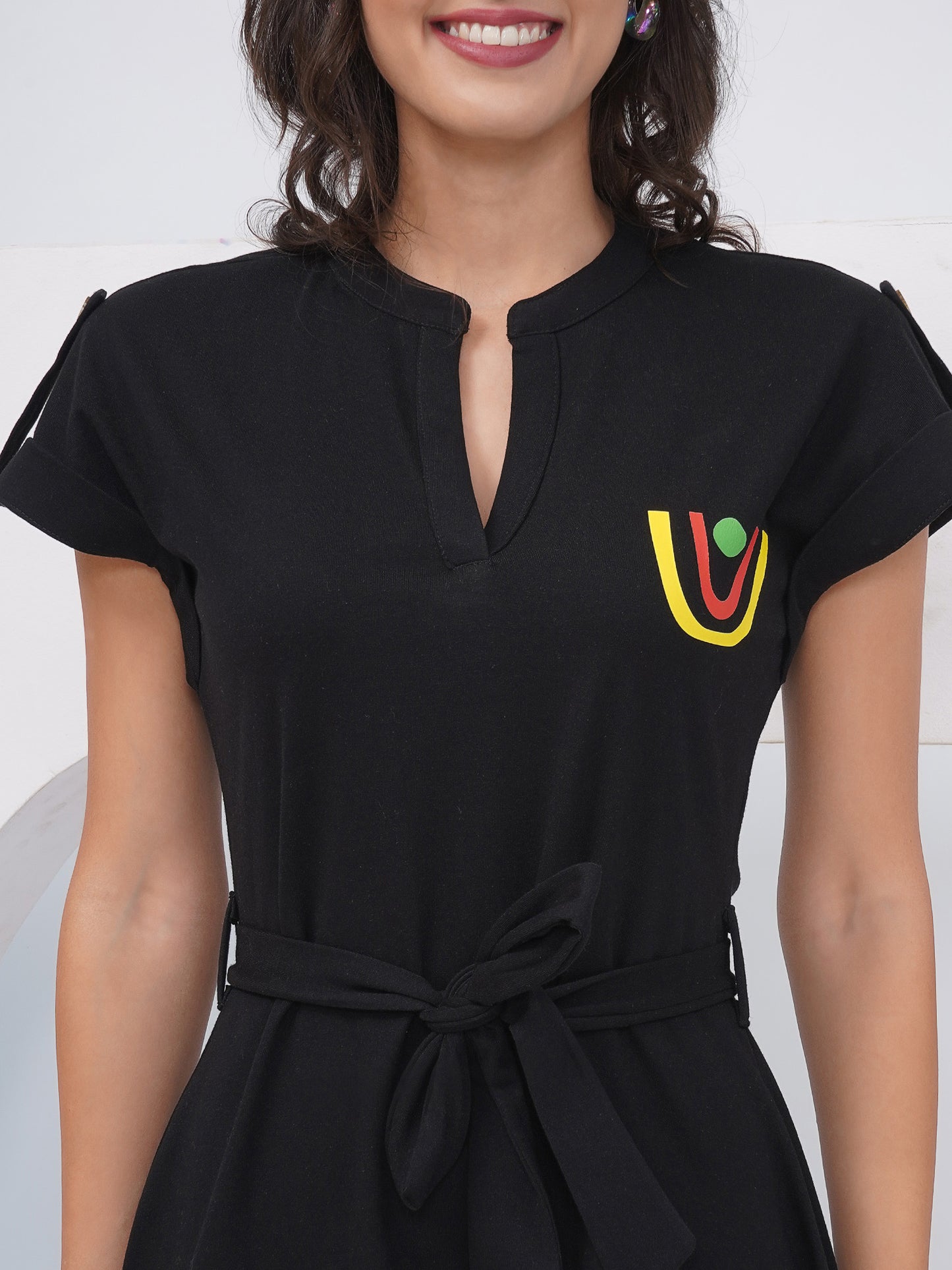 Black Belted Short Sleeve A-Line Dress – KWD002