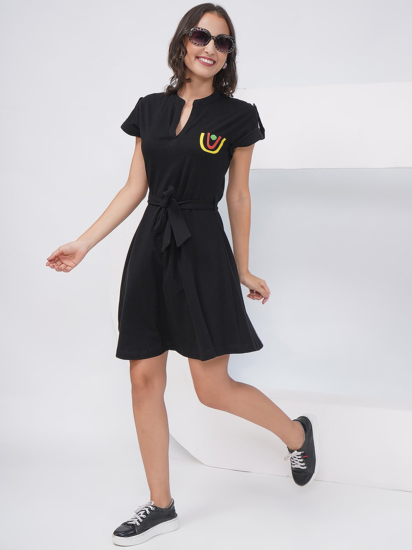 Black Belted Short Sleeve A-Line Dress – KWD002