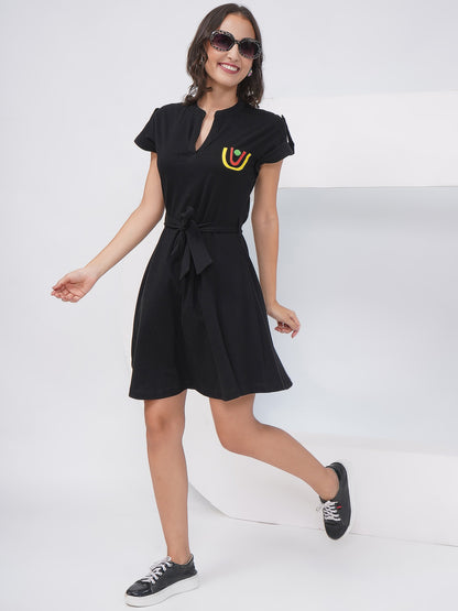 Black Belted Short Sleeve A-Line Dress – KWD002