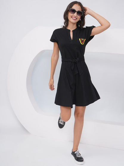 Black Belted Short Sleeve A-Line Dress – KWD002