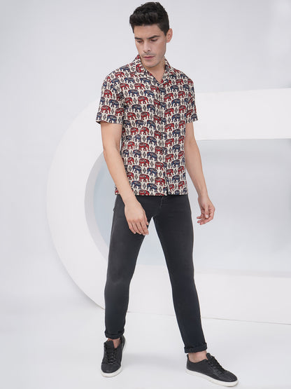 Beige Multicolor Relaxed Fit Elephant Print Casual Shirt- KMS001