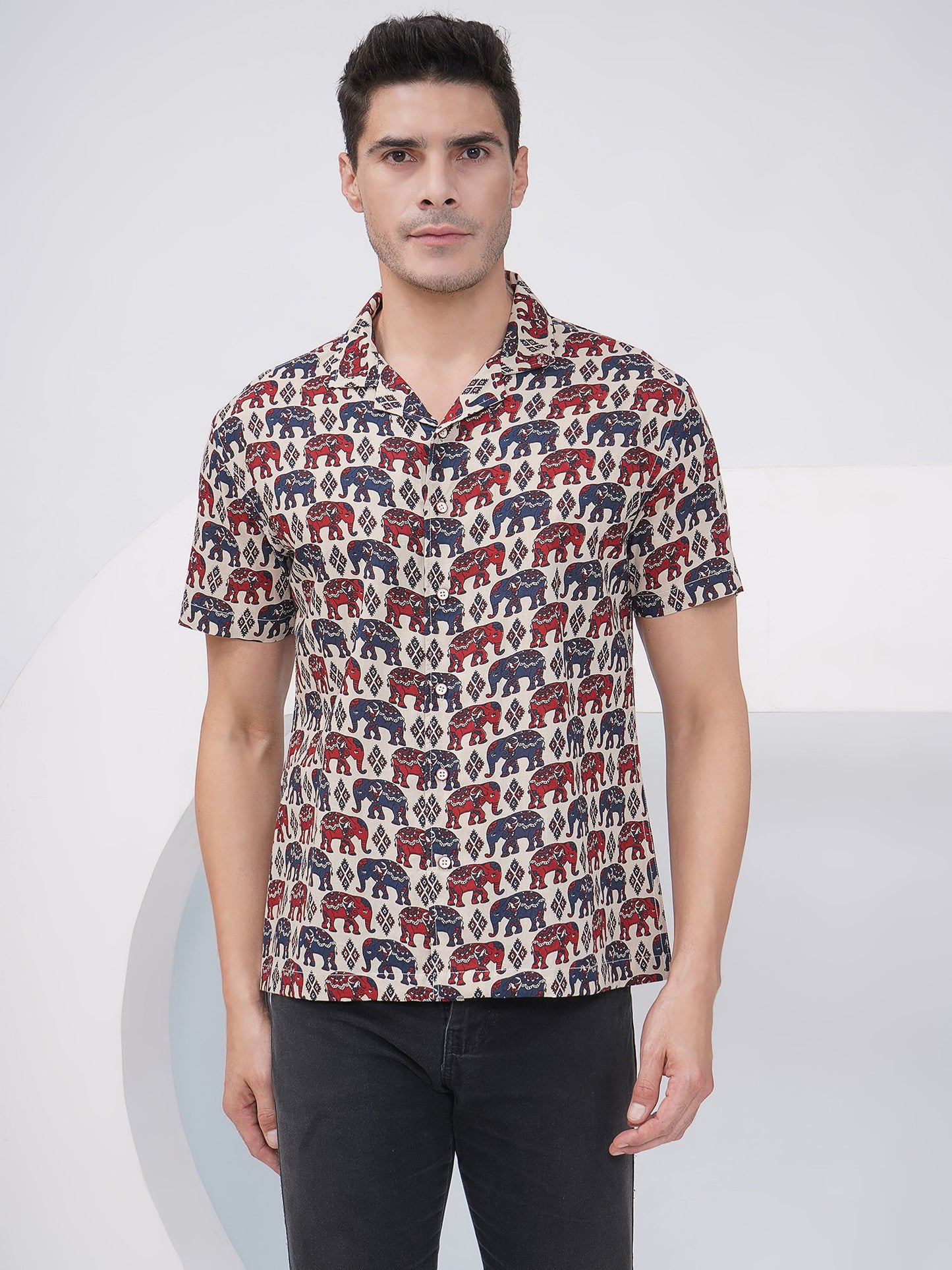 Beige Multicolor Relaxed Fit Elephant Print Casual Shirt- KMS001