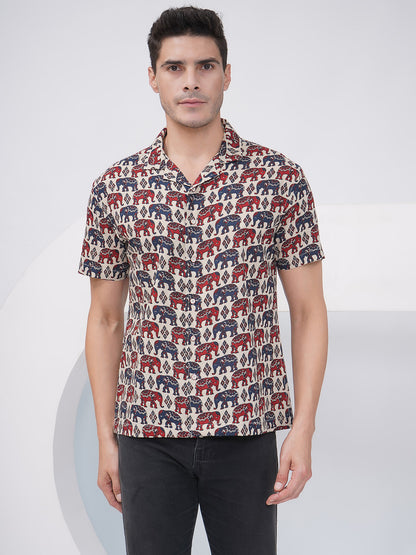 Beige Multicolor Relaxed Fit Elephant Print Casual Shirt- KMS001