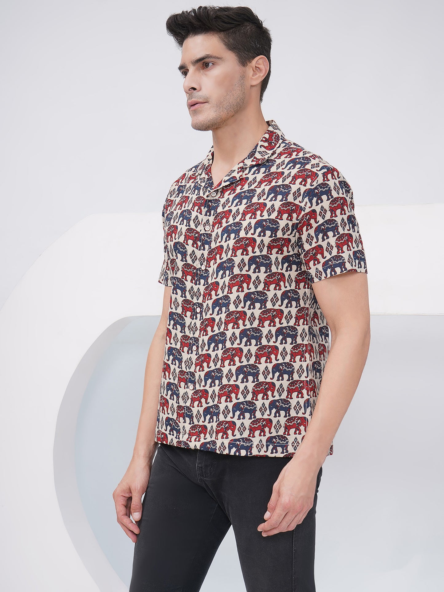 Beige Multicolor Relaxed Fit Elephant Print Casual Shirt- KMS001