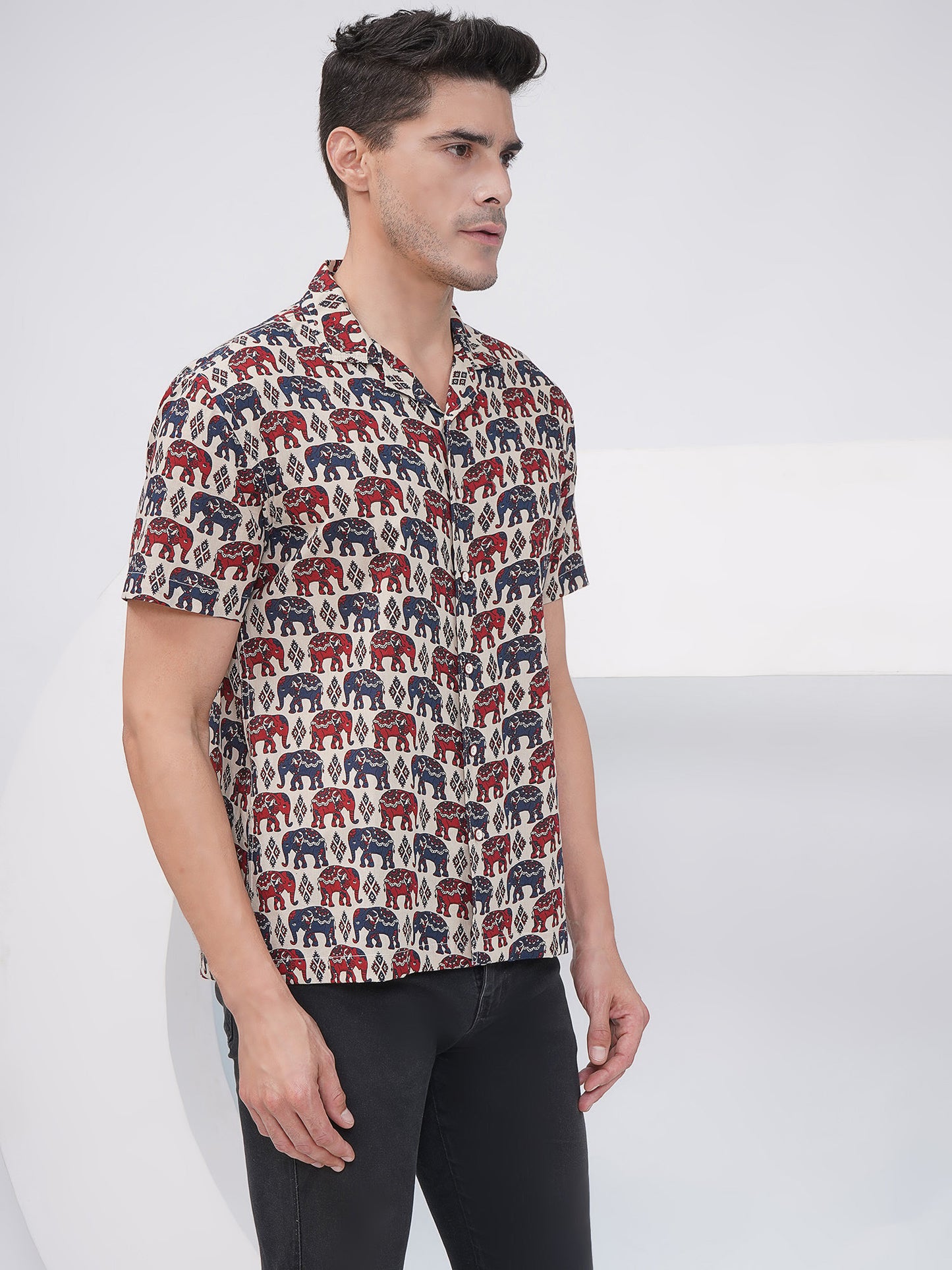 Beige Multicolor Relaxed Fit Elephant Print Casual Shirt- KMS001