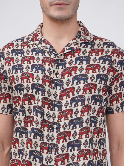 Beige Multicolor Relaxed Fit Elephant Print Casual Shirt- KMS001