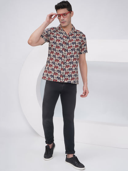 Beige Multicolor Relaxed Fit Elephant Print Casual Shirt- KMS001