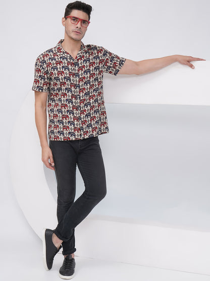 Beige Multicolor Relaxed Fit Elephant Print Casual Shirt- KMS001