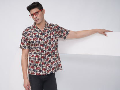 Beige Multicolor Relaxed Fit Elephant Print Casual Shirt- KMS001