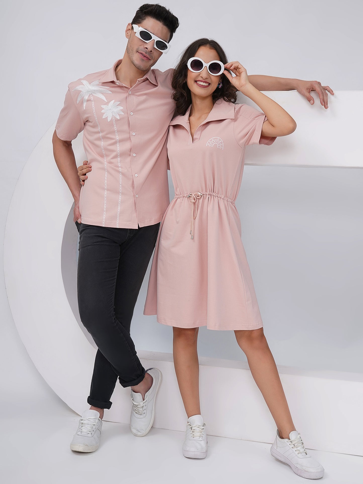 Pink Couple Coord Set – Men's Embroidered Shirt & Women's Drawstring Dress-KD004