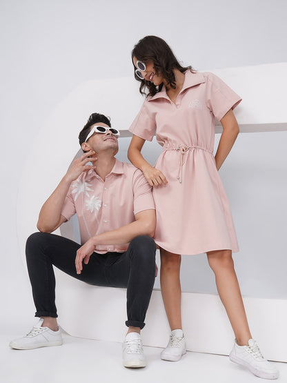 Pink Couple Coord Set – Men's Embroidered Shirt & Women's Drawstring Dress-KD004