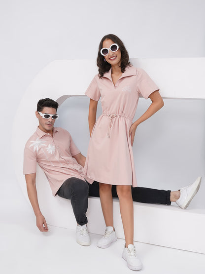 Pink Couple Coord Set – Men's Embroidered Shirt & Women's Drawstring Dress-KD004