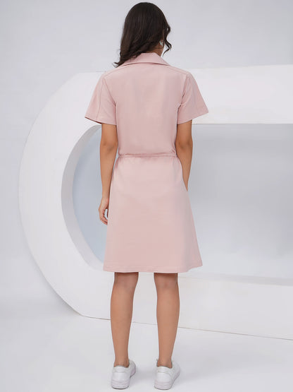Blush Pink Drawstring Waist Polo Collar Dress – KWD003