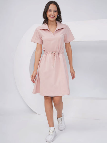 Blush Pink Drawstring Waist Polo Collar Dress – KWD003