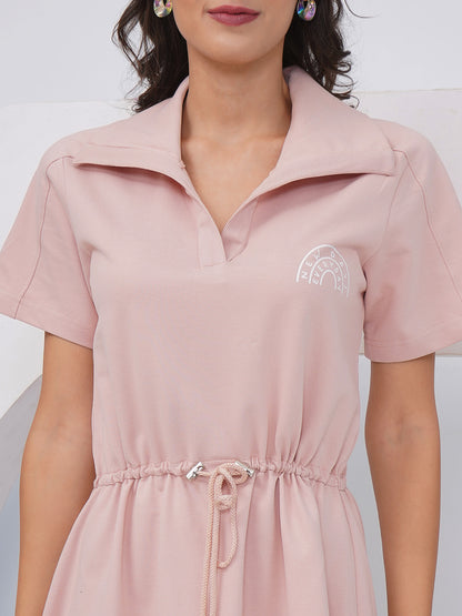 Blush Pink Drawstring Waist Polo Collar Dress – KWD003