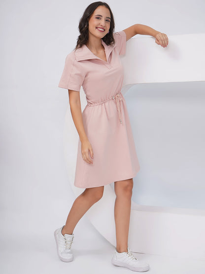 Blush Pink Drawstring Waist Polo Collar Dress – KWD003