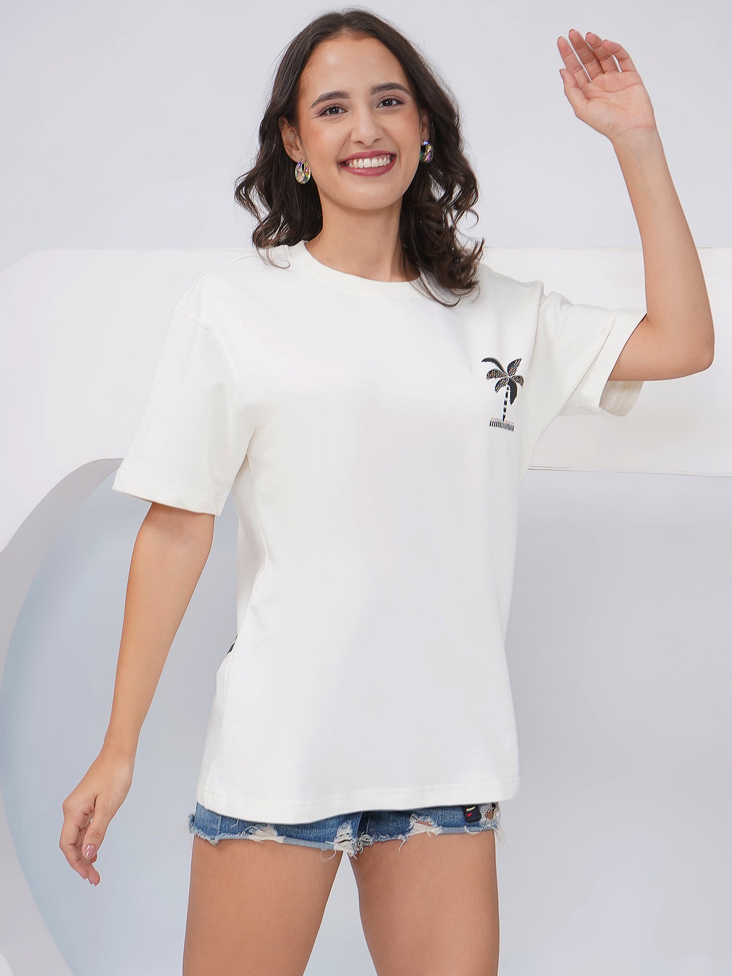 Women's Off-White Tropical Graphic Printed Oversized T-Shirt-KWOT011