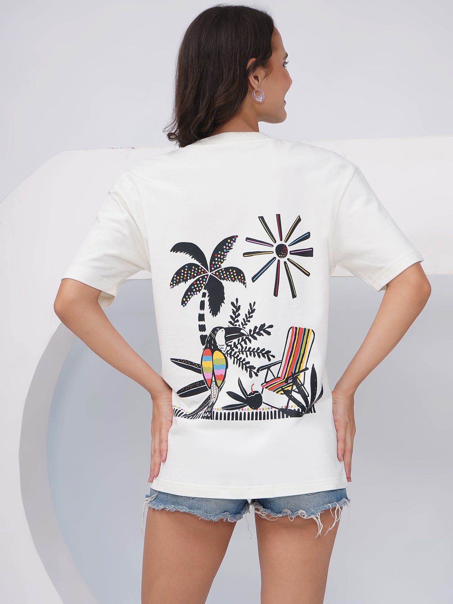 Women's Off-White Tropical Graphic Printed Oversized T-Shirt-KWOT011
