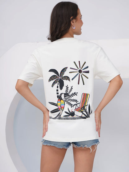 Women's Off-White Tropical Graphic Printed Oversized T-Shirt-KWOT011
