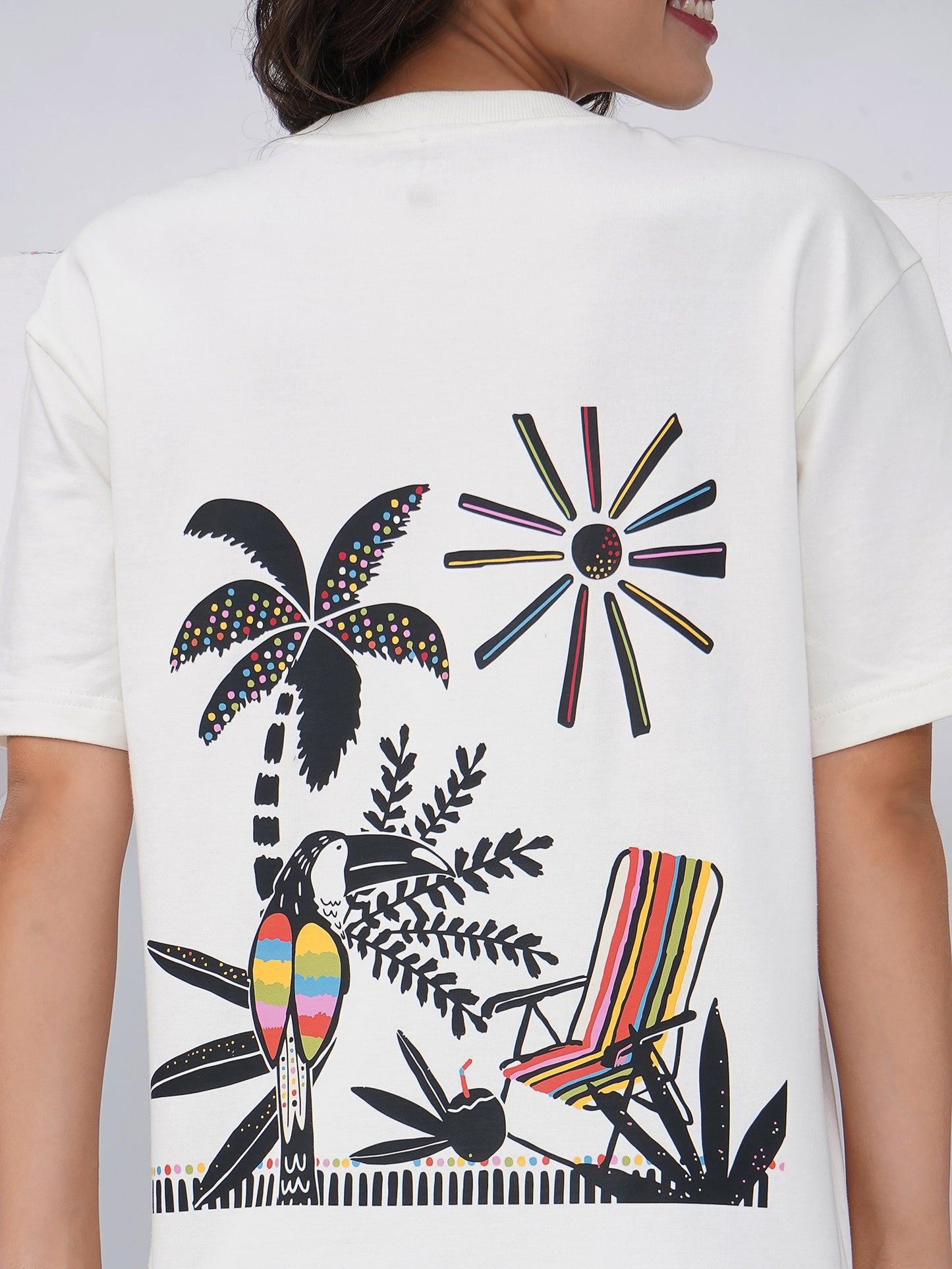 Women's Off-White Tropical Graphic Printed Oversized T-Shirt-KWOT011