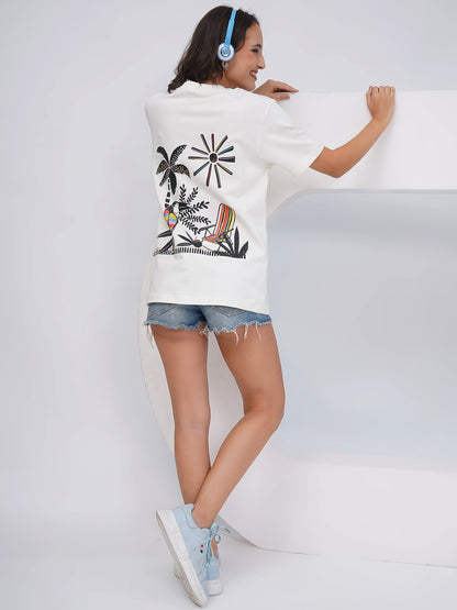 Women's Off-White Tropical Graphic Printed Oversized T-Shirt-KWOT011